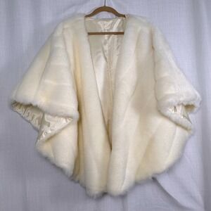 Vintage Ivory Faux Fur Opera Cape 1X Bridal Wedding Open Front Union Made USA